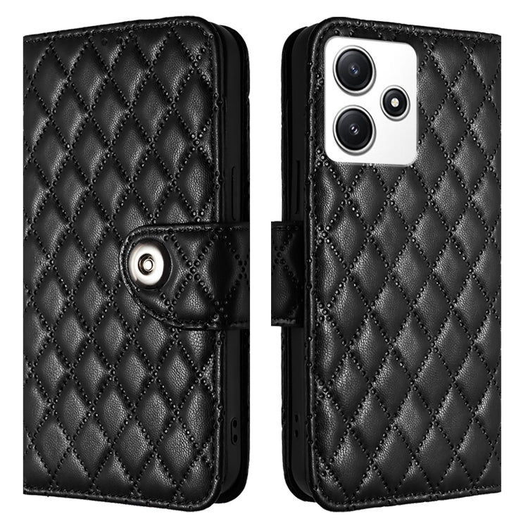 For Redmi Note 12R Rhombic Texture Flip Leather Phone Case with Lanyard