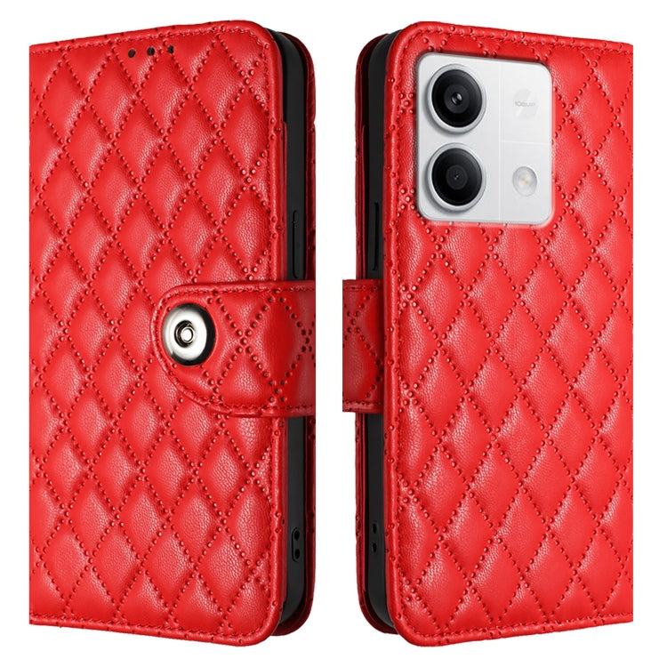For Redmi Note 13 5G Global Rhombic Texture Flip Leather Phone Case with Lanyard