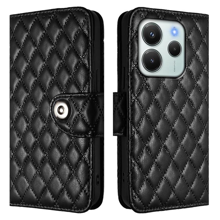 For Redmi Note 14 4G 164.84mm Rhombic Texture Flip Leather Phone Case with Lanyard