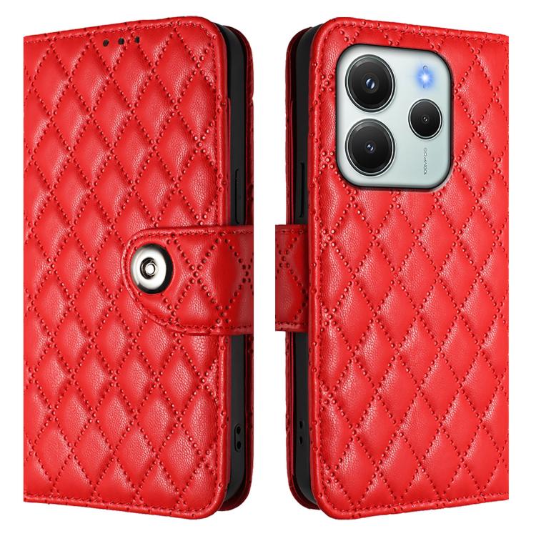 For Redmi Note 14 4G 164.84mm Rhombic Texture Flip Leather Phone Case with Lanyard