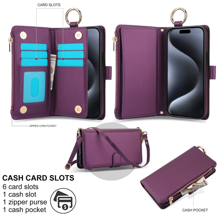 For iPhone 15 Pro Max Crossbody Ring Multifunctional Wallet Leather Phone Case