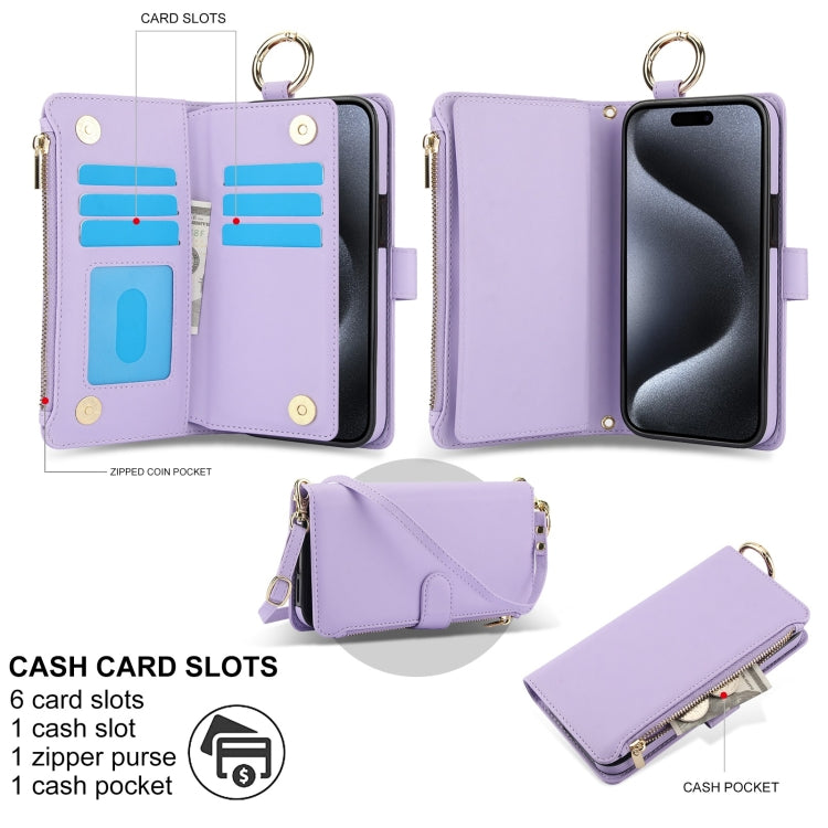 For iPhone 15 Pro Max Crossbody Ring Multifunctional Wallet Leather Phone Case