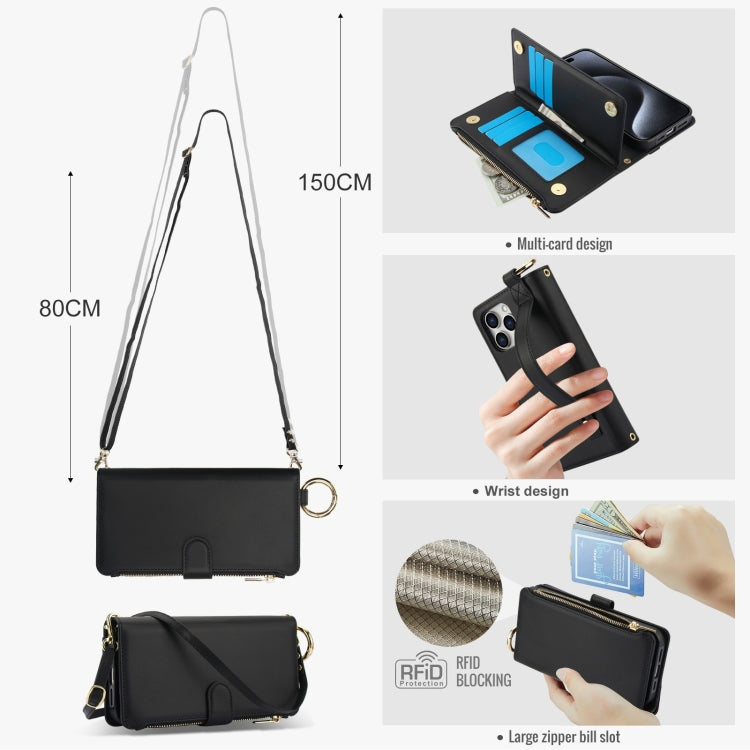 For iPhone 15 Pro Crossbody Ring Multifunctional Wallet Leather Phone Case