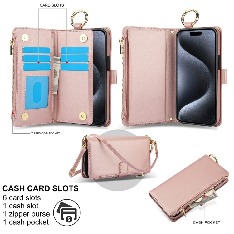 For iPhone 15 Pro Crossbody Ring Multifunctional Wallet Leather Phone Case