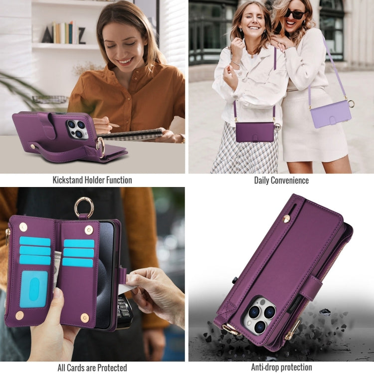 For iPhone 15 Pro Crossbody Ring Multifunctional Wallet Leather Phone Case