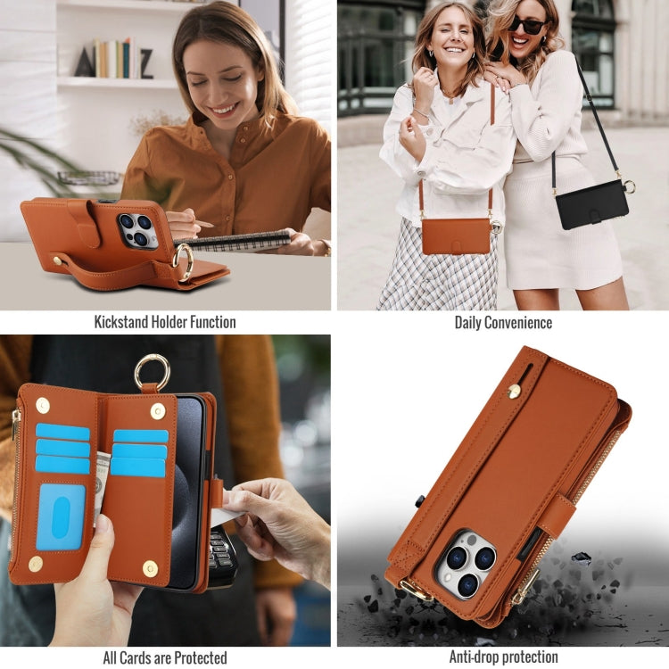 For iPhone 15 Pro Crossbody Ring Multifunctional Wallet Leather Phone Case