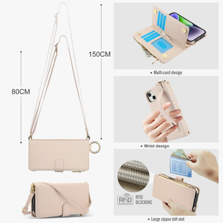 For iPhone 15 Crossbody Ring Multifunctional Wallet Leather Phone Case