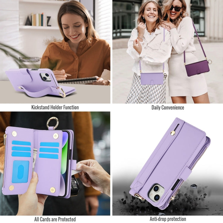 For iPhone 15 Crossbody Ring Multifunctional Wallet Leather Phone Case