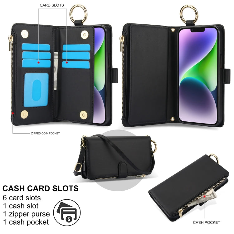 For iPhone 14 Plus Crossbody Ring Multifunctional Wallet Leather Phone Case
