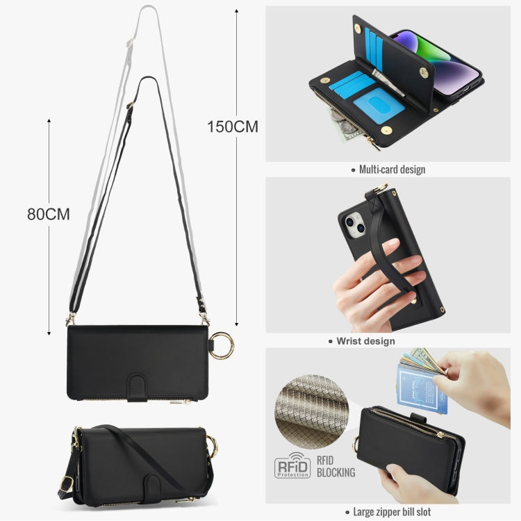 For iPhone 14 Plus Crossbody Ring Multifunctional Wallet Leather Phone Case