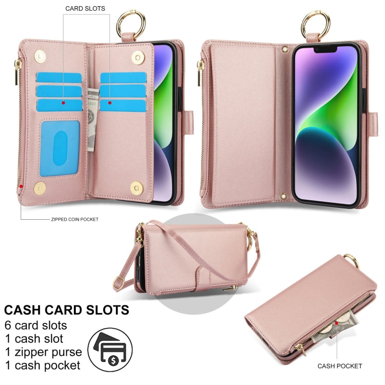 For iPhone 14 Crossbody Ring Multifunctional Wallet Leather Phone Case
