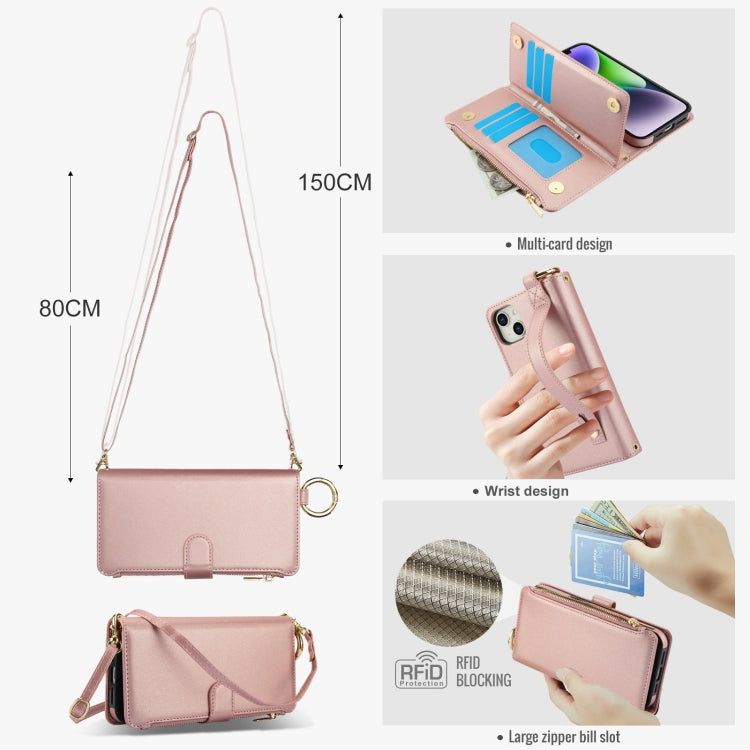 For iPhone 14 Crossbody Ring Multifunctional Wallet Leather Phone Case