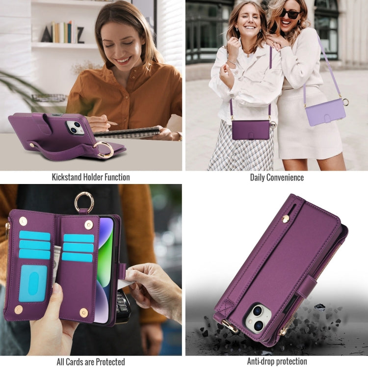 For iPhone 14 Crossbody Ring Multifunctional Wallet Leather Phone Case