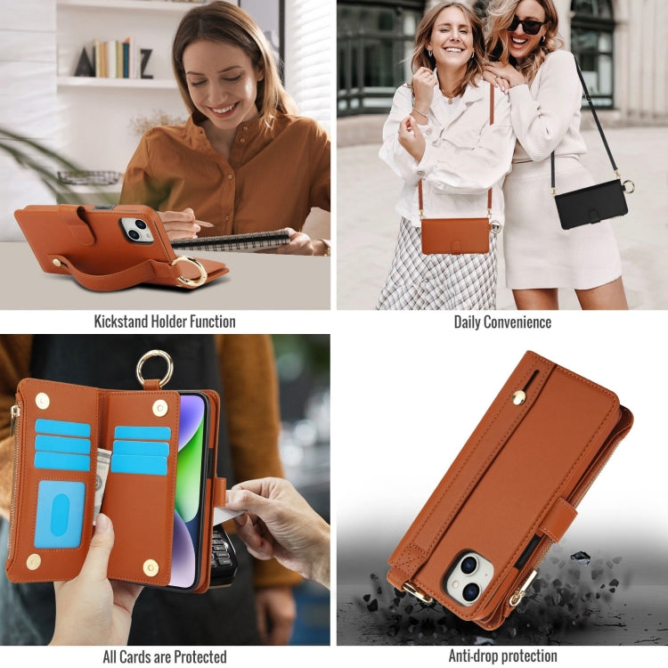 For iPhone 14 Crossbody Ring Multifunctional Wallet Leather Phone Case