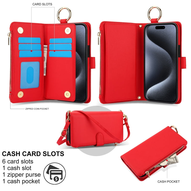 For iPhone 14 Pro Crossbody Ring Multifunctional Wallet Leather Phone Case