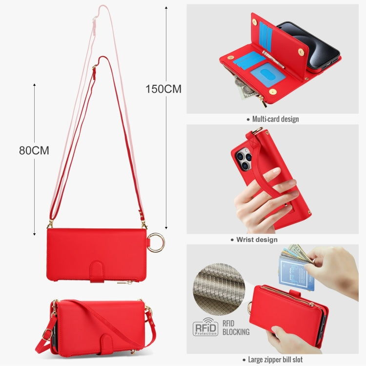 For iPhone 14 Pro Crossbody Ring Multifunctional Wallet Leather Phone Case