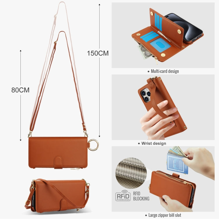 For iPhone 14 Pro Max Crossbody Ring Multifunctional Wallet Leather Phone Case