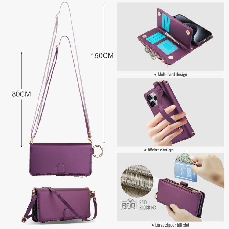 For iPhone 13 Pro Max Crossbody Ring Multifunctional Wallet Leather Phone Case