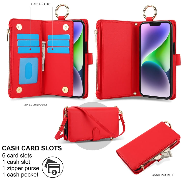 For iPhone 13 Crossbody Ring Multifunctional Wallet Leather Phone Case