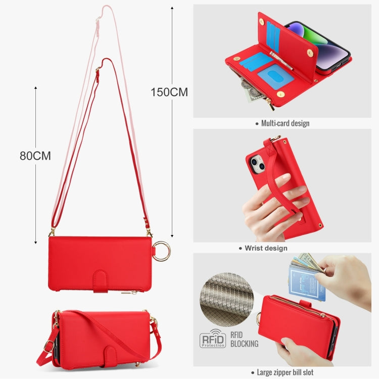 For iPhone 13 Crossbody Ring Multifunctional Wallet Leather Phone Case