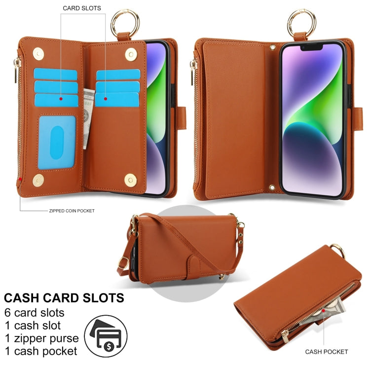 For iPhone 13 Crossbody Ring Multifunctional Wallet Leather Phone Case