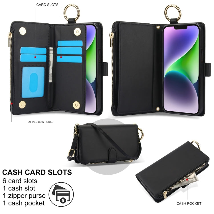 For iPhone 13 mini Crossbody Ring Multifunctional Wallet Leather Phone Case