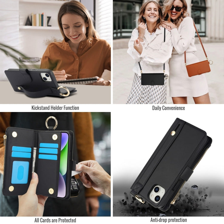 For iPhone 13 mini Crossbody Ring Multifunctional Wallet Leather Phone Case