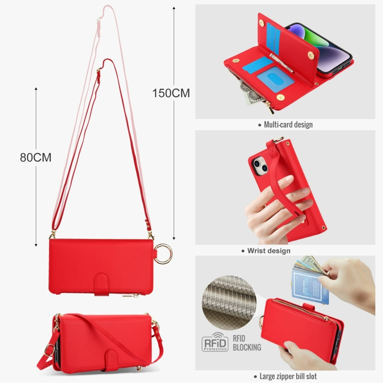For iPhone 13 mini Crossbody Ring Multifunctional Wallet Leather Phone Case