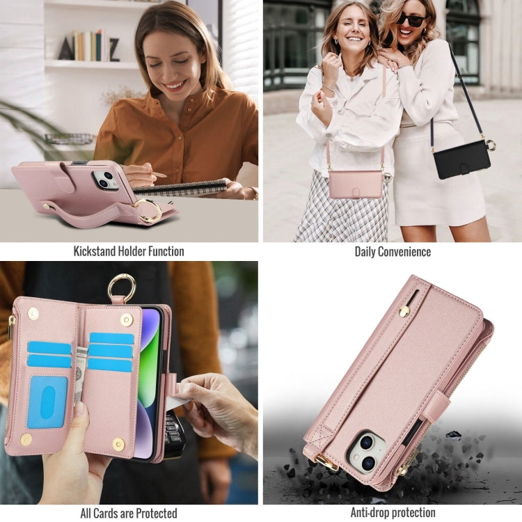 For iPhone 13 mini Crossbody Ring Multifunctional Wallet Leather Phone Case