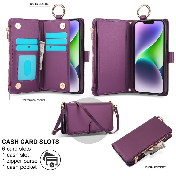 For iPhone 13 mini Crossbody Ring Multifunctional Wallet Leather Phone Case