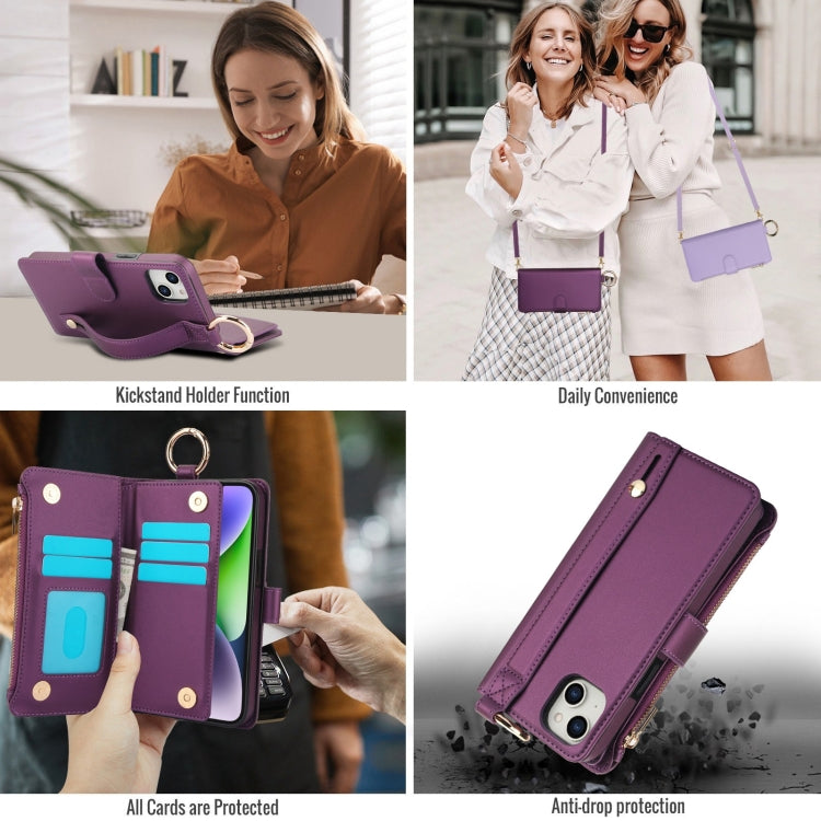 For iPhone 13 mini Crossbody Ring Multifunctional Wallet Leather Phone Case