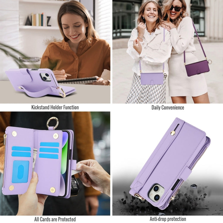 For iPhone 13 mini Crossbody Ring Multifunctional Wallet Leather Phone Case