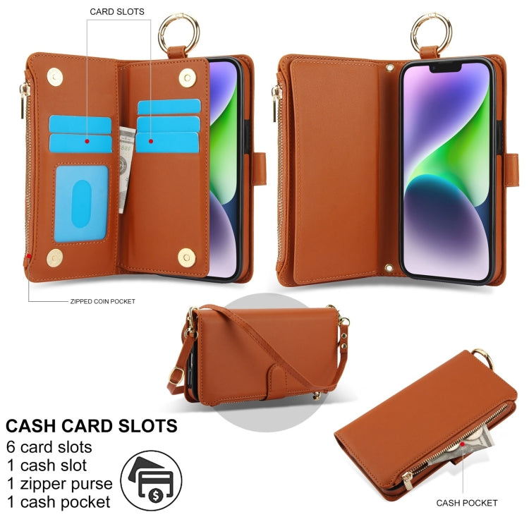 For iPhone 13 mini Crossbody Ring Multifunctional Wallet Leather Phone Case