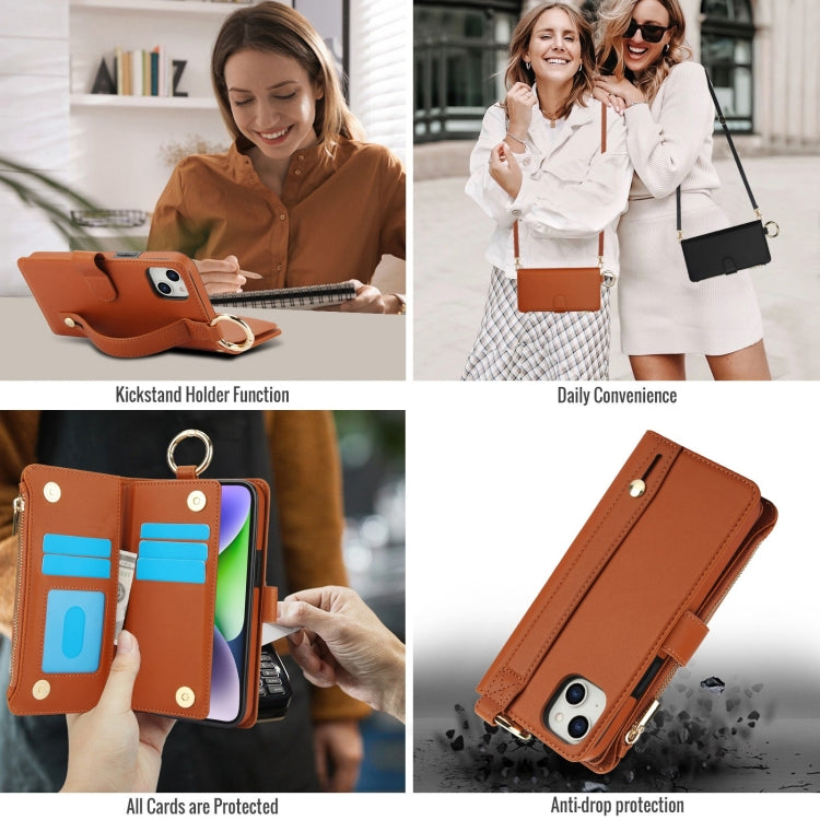 For iPhone 13 mini Crossbody Ring Multifunctional Wallet Leather Phone Case