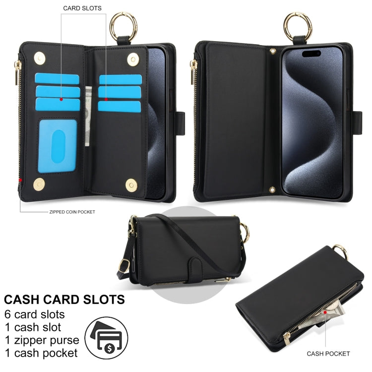 For iPhone 12 / 12 Pro Crossbody Ring Multifunctional Wallet Leather Phone Case