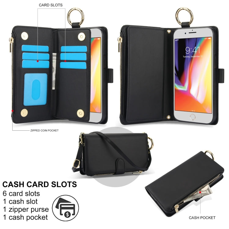 For iPhone 7 Plus / 8 Plus Crossbody Ring Multifunctional Wallet Leather Phone Case