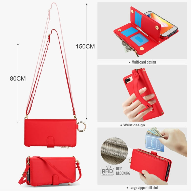 For iPhone 7 Plus / 8 Plus Crossbody Ring Multifunctional Wallet Leather Phone Case