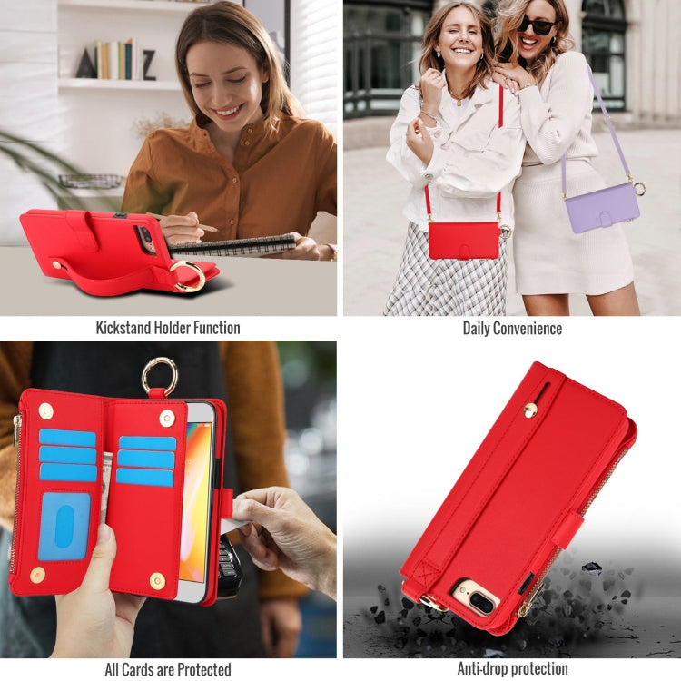 For iPhone 7 Plus / 8 Plus Crossbody Ring Multifunctional Wallet Leather Phone Case
