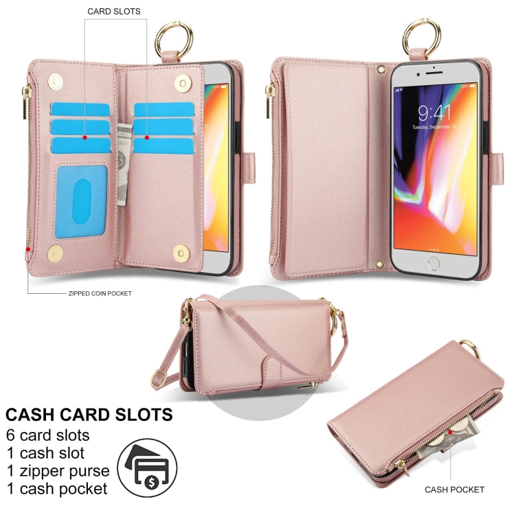 For iPhone 7 Plus / 8 Plus Crossbody Ring Multifunctional Wallet Leather Phone Case