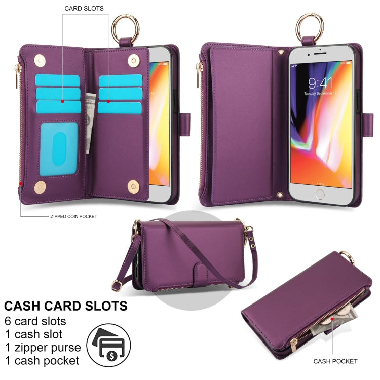 For iPhone 7 Plus / 8 Plus Crossbody Ring Multifunctional Wallet Leather Phone Case
