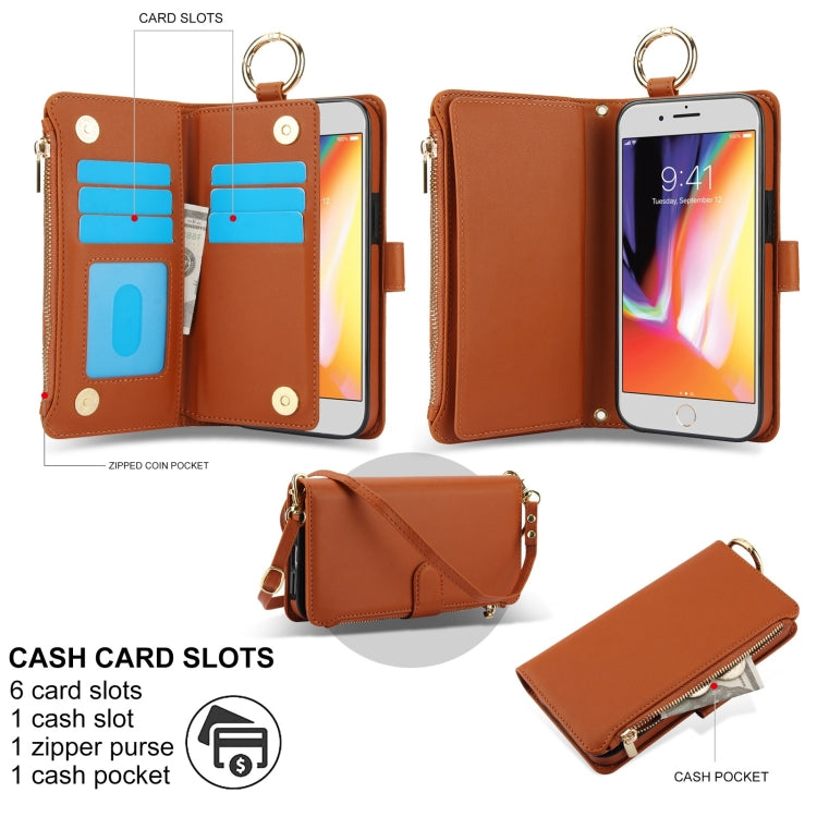 For iPhone 7 Plus / 8 Plus Crossbody Ring Multifunctional Wallet Leather Phone Case