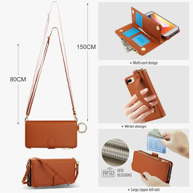 For iPhone 7 Plus / 8 Plus Crossbody Ring Multifunctional Wallet Leather Phone Case
