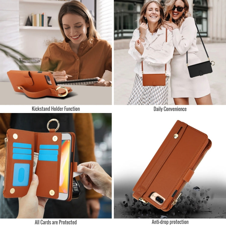 For iPhone 7 Plus / 8 Plus Crossbody Ring Multifunctional Wallet Leather Phone Case