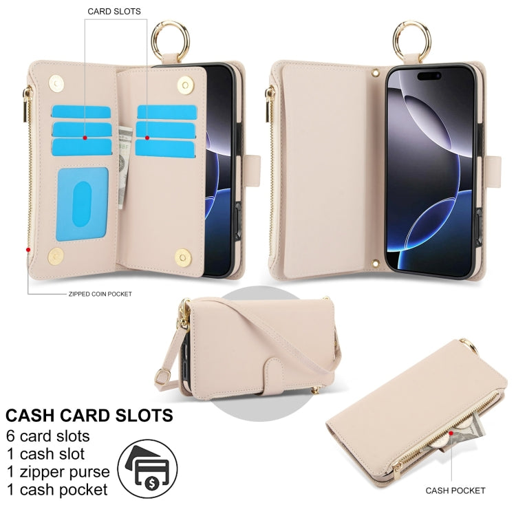 For iPhone 16 Pro Max Crossbody Ring Multifunctional Wallet Leather Phone Case