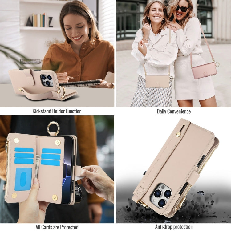 For iPhone 16 Pro Max Crossbody Ring Multifunctional Wallet Leather Phone Case