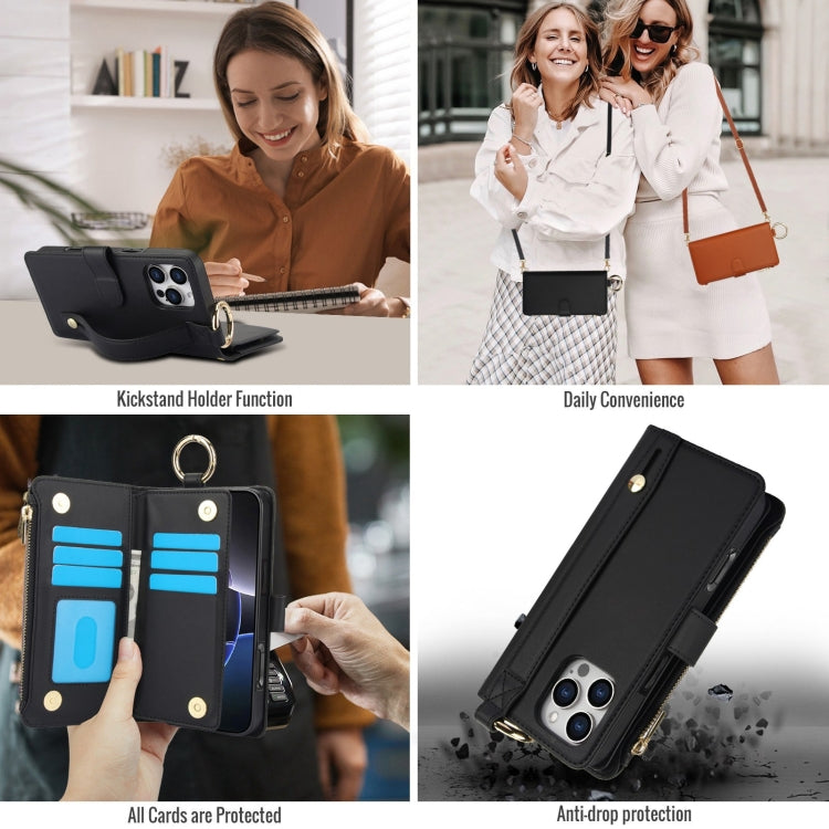 For iPhone 16 Pro Max Crossbody Ring Multifunctional Wallet Leather Phone Case