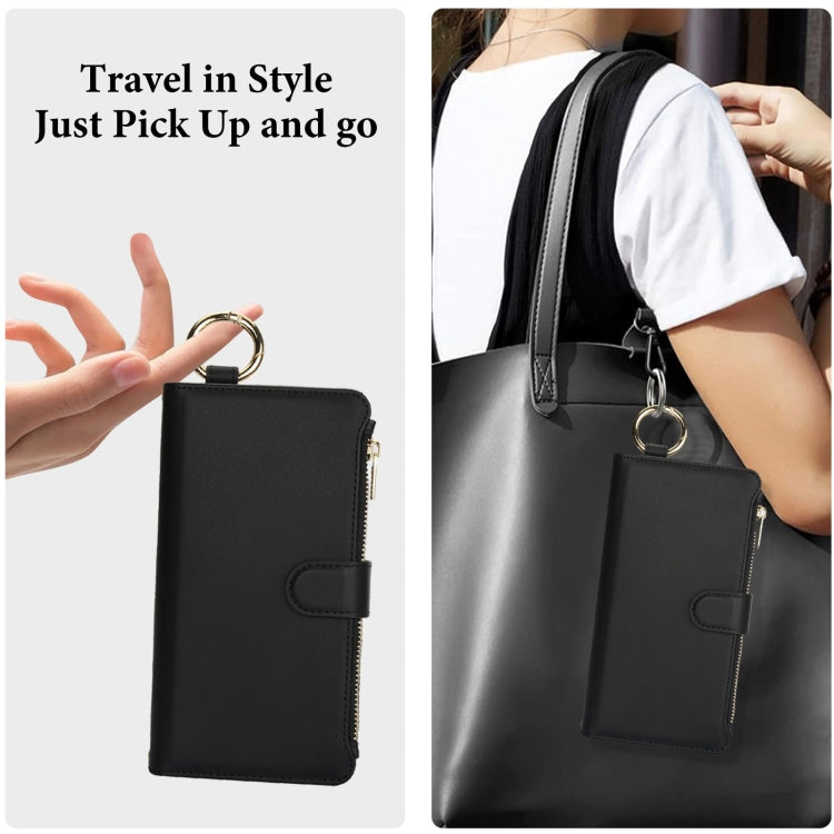 For iPhone 16 Pro Max Crossbody Ring Multifunctional Wallet Leather Phone Case