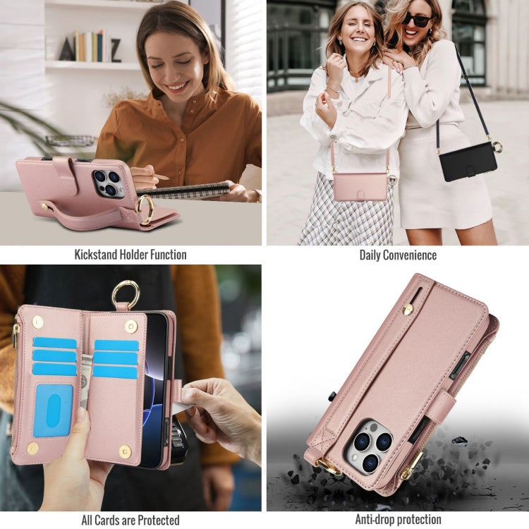 For iPhone 16 Pro Max Crossbody Ring Multifunctional Wallet Leather Phone Case