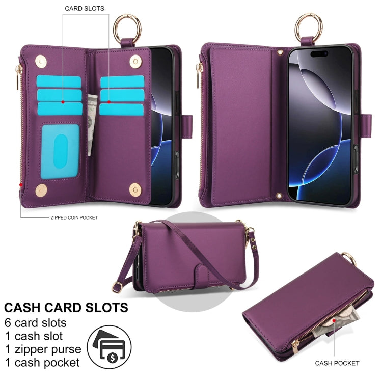For iPhone 16 Pro Max Crossbody Ring Multifunctional Wallet Leather Phone Case