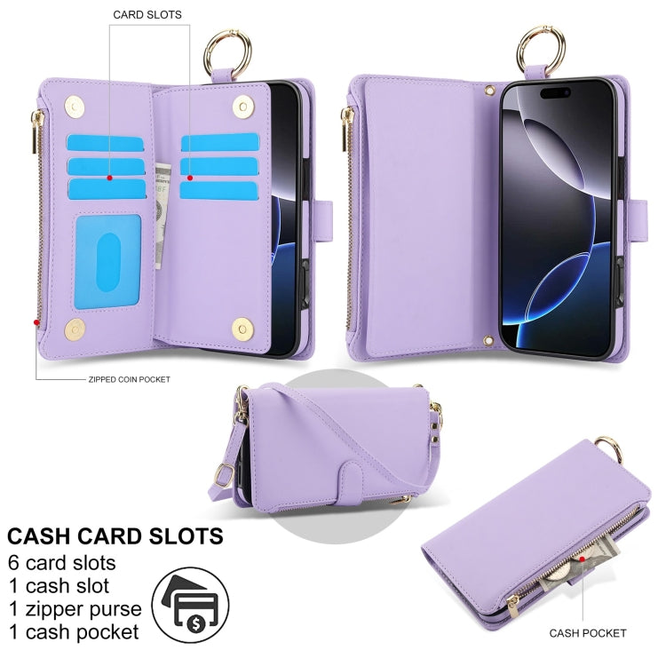 For iPhone 16 Pro Max Crossbody Ring Multifunctional Wallet Leather Phone Case